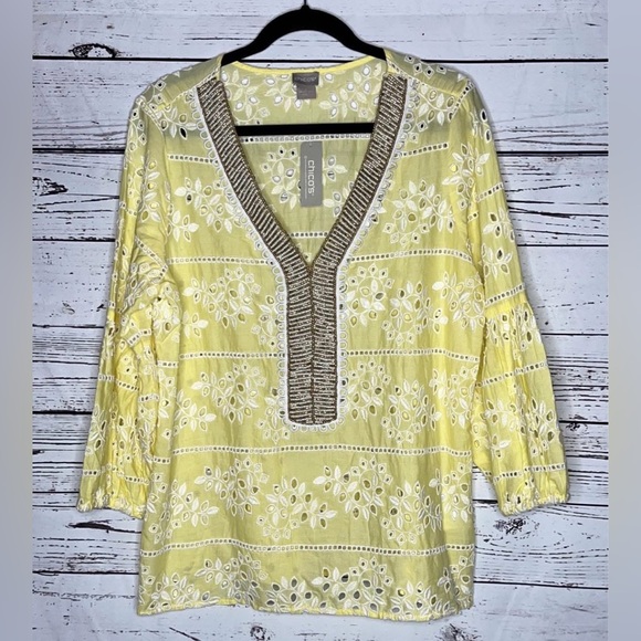 Chico's Tops - Chico's NWT 2 (L) Lemon Yellow Eyelet Embroidered V-Neck Embellished Blouse Top